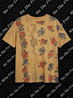 ​We The Free Free People Oversized Mustard Floral Embroidered Boho Tee T-Shirt